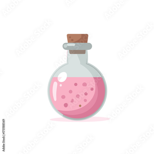 Glass bottle filled with pink potion symbolizing magic elixir and alchemy concept