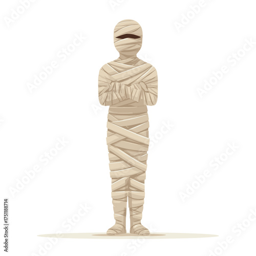 Spooky mummy figure fully wrapped in beige bandages representing halloween monster and ancient egyptian legend
