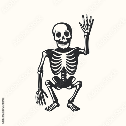 Detailed skeleton in squatting pose waving hand representing halloween, bones, and gothic style