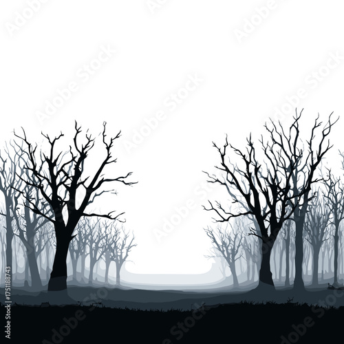Dark forest with leafless trees and fog representing halloween, mystery, and eerie atmosphere