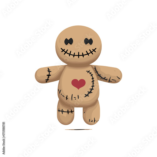 Cute voodoo doll with stitched smile and red heart symbol representing dark magic and halloween charm