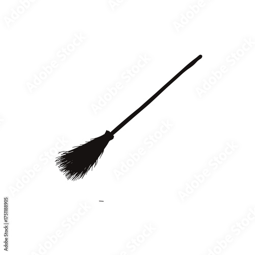 Flying witch broom silhouette on white background representing halloween magic and supernatural theme