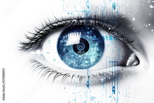 Isolated in white background, center aligned, blue eye modern conceptual, mechanical technology concept background