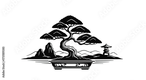 Serene bonsai tree artfully shaped in a pot, with tranquil mountains and a pagoda in the background