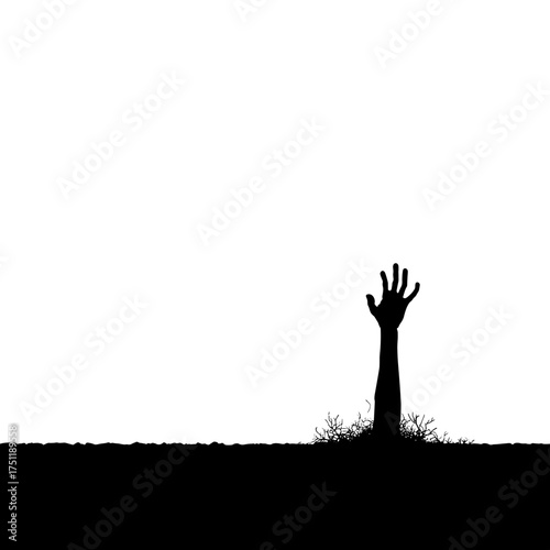 Zombie hand rising from ground silhouette isolated on white background