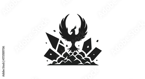 Mythical phoenix rising from abstract shattered stone, symbolizing rebirth and power.