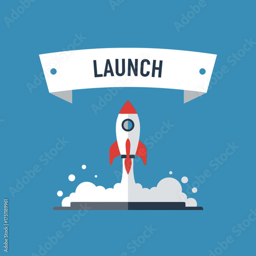 Cartoon rocket launching with smoke and a banner reading launch on blue.
