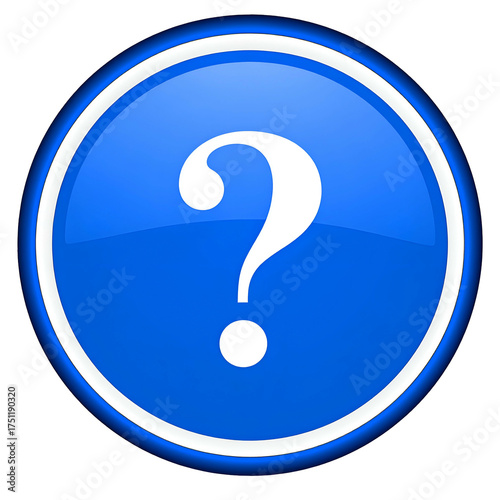 A glossy blue button with a white question mark and a glowing white border