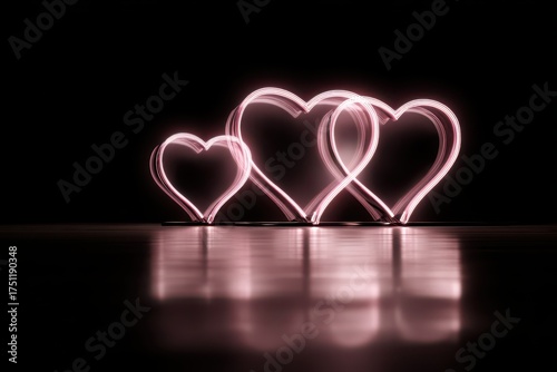 A vibrant and eye-catching neon background featuring three glowing pink hearts in the dark, perfect for a Black Friday promotion or romantic concept.
