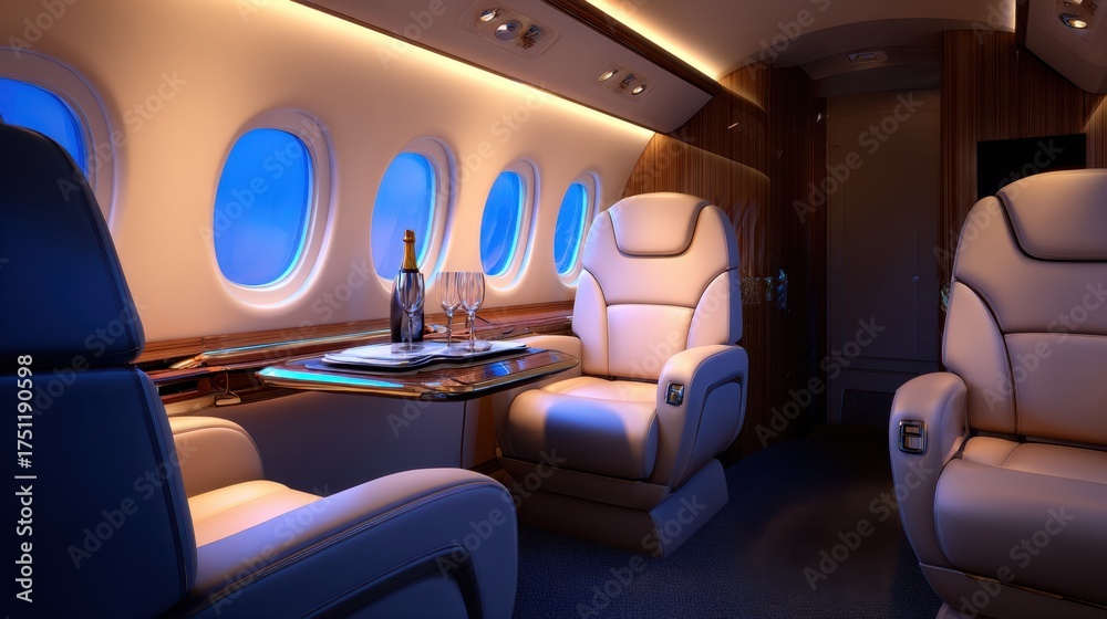 Fototapeta premium Luxurious private jet interior featuring elegant seating, champagne, and serene window views at dusk