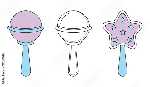 A set of three baby rattles one purple and blue star shaped one purple and blue round and one outline round baby toy