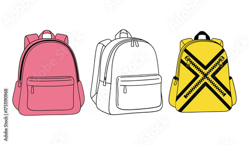 A set of three backpacks pink white and yellow with black zippers on white background school bag pink backpack