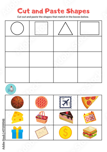 Shape Matching and Learning: A visual aid for early education, presenting cut-and-paste exercises to match various shapes, alongside examples of round, square, triangular, and rectangular forms. 