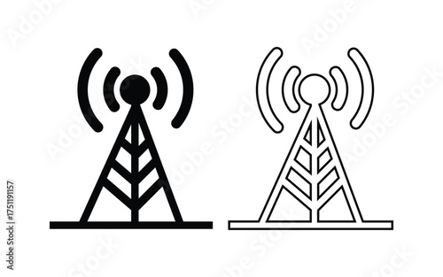 radio tower icon, Two stylized radio towers with signal waves isolated on white background