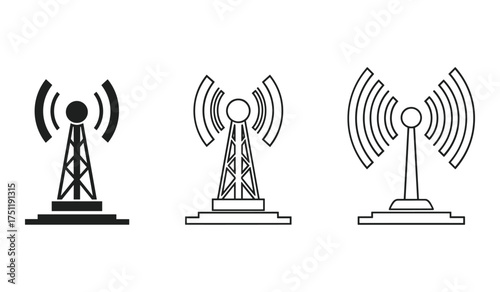 A set of three communication tower icons in black and white line art and solid fill radio tower antenna