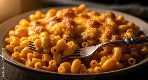 Mac and cheese portion with vintage fork under warm lighting
