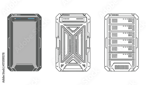 A set of three futuristic server rack units and a digital device computer hardware data center