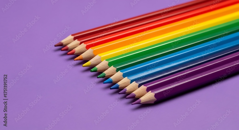 Fototapeta premium Rainbow colored pencils arranged diagonally on a purple background image