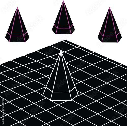Floating wireframe cones aligned on pink purple neon