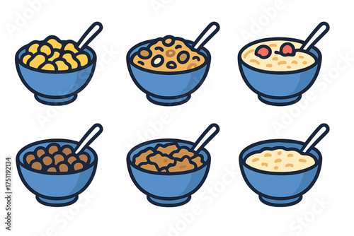 Collection of six colorful breakfast cereal bowls, oatmeal, and porridge served with spoons
