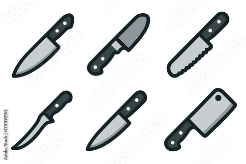 Various kitchen knives and cutlery used for cooking and food preparation
