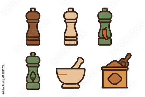 Set of kitchen tools including spice grinders, mortar and pestle, and seasoning bag