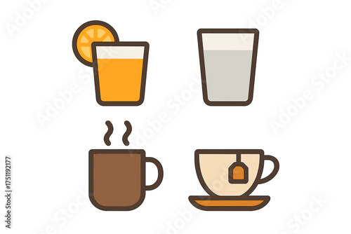 Collection of four beverage symbols including orange juice, water, steaming coffee, and hot tea