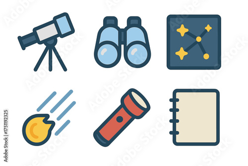 Astronomy and stargazing equipment set featuring telescope binoculars and constellation map