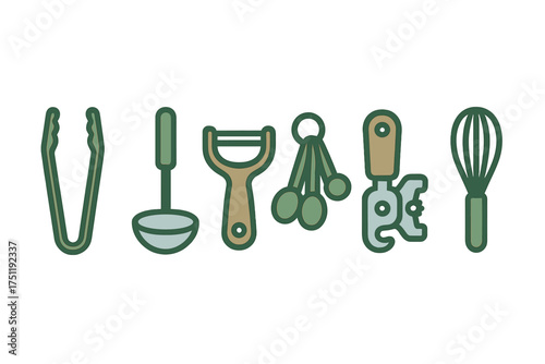 Essential kitchen utensils set including tongs ladle peeler measuring spoons can opener and whisk