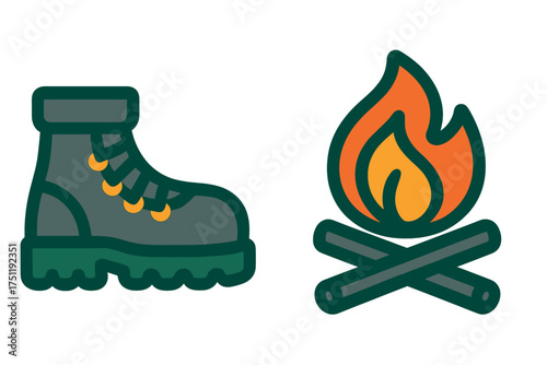 Sturdy hiking boot and classic burning campfire representing outdoor adventure
