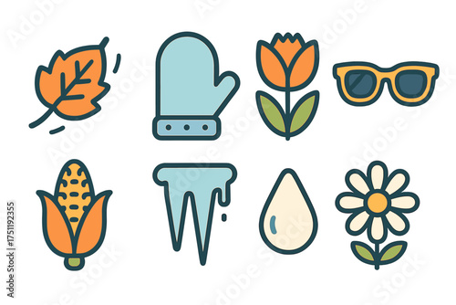 Flat design seasonal icons set featuring symbols for autumn, winter, spring, and summer elements