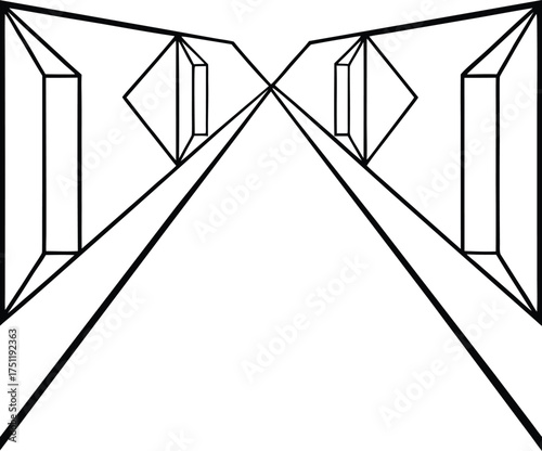 Floating wireframe prisms aligned along perspective