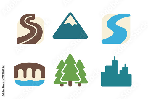 Six stylized icons for landscapes, infrastructure, and urban environment elements