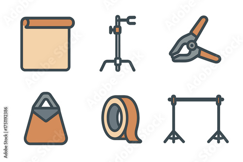 Set of photography studio equipment icons: backdrop stand, clamp, tape, and sandbag
