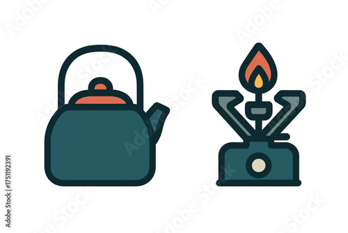 Camping equipment set with a teapot and a lit portable burner stove