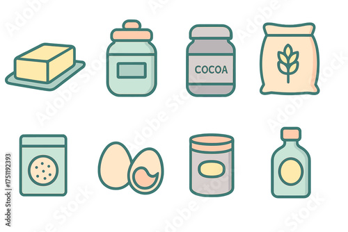 Essential baking ingredients and cooking supplies including butter flour cocoa and eggs