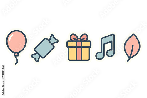 Colorful collection of celebration and nature symbols: balloon, gift, candy, music note, and leaf