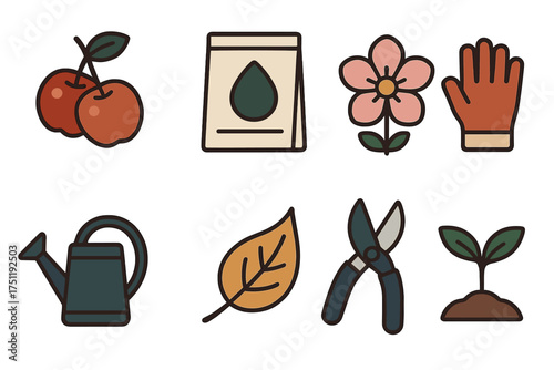 Collection of essential gardening tools, supplies, fruit, flowers, and seedlings icons