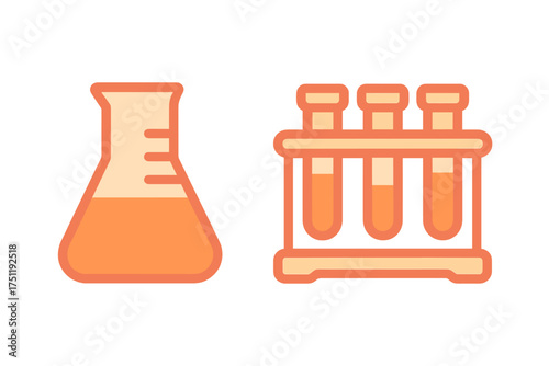 Scientific chemistry experiment setup with Erlenmeyer flask and test tubes holding orange liquid