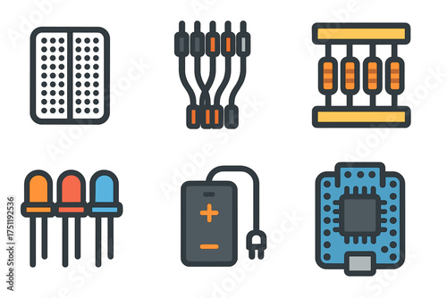 Set of six icons depicting common electronic components and hardware parts