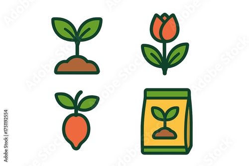 Colorful set of symbols showing plant growth, flowering, harvesting, and seeding