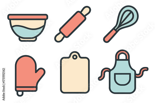 Essential kitchen and baking tools set including whisk, rolling pin, apron, and mixing bowl