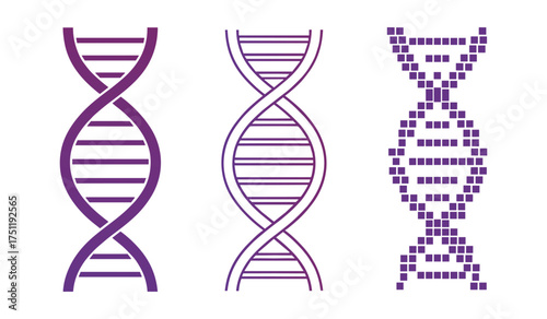 A set of three purple D N A helix icons in different styles on white background molecule genetics