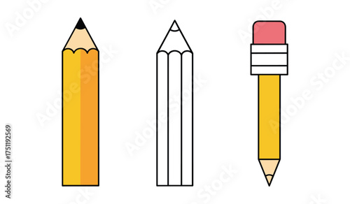 A set of three pencils one yellow with eraser one yellow and one outline on white background pink eraser writing tool