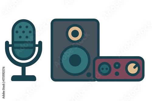 Professional audio equipment setup featuring microphone, monitor speaker, and sound interface