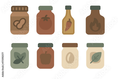 Collection of various food condiments and spreads in jars and bottles with simple icons
