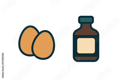 Nutritional ingredients concept showing two whole eggs and a small brown bottle with an empty label