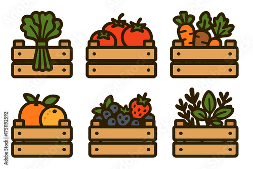 Set of six icons depicting harvested fruits vegetables and herbs in rustic wooden containers