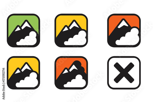 Set of stylized mountain landscape icons with clouds and snow caps in various colors