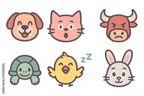 Six adorable domestic and farm animal head icons showing various emotions